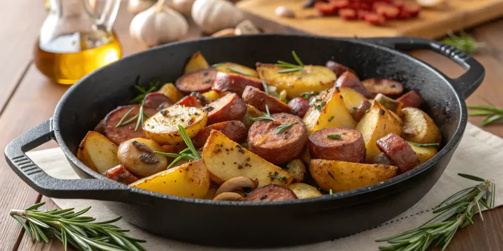 Saucisse pomme de terre champignon au four