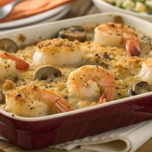 Cassolette de Saint Jacques aux crevettes et champignons