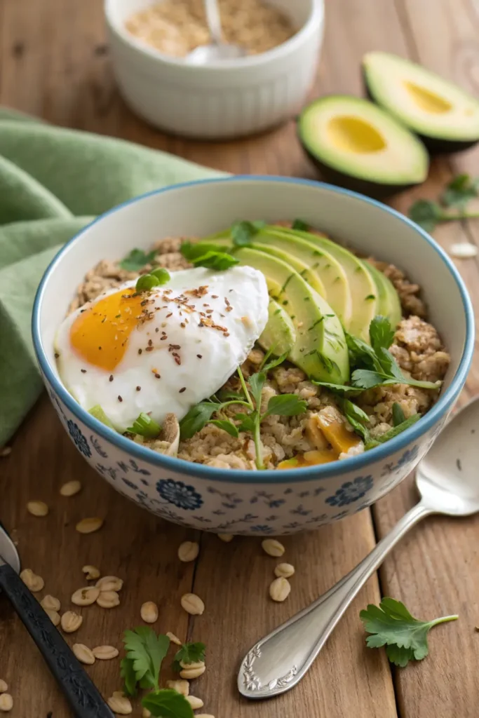 Bowl salé au yaourt nature, flocons et œuf poché