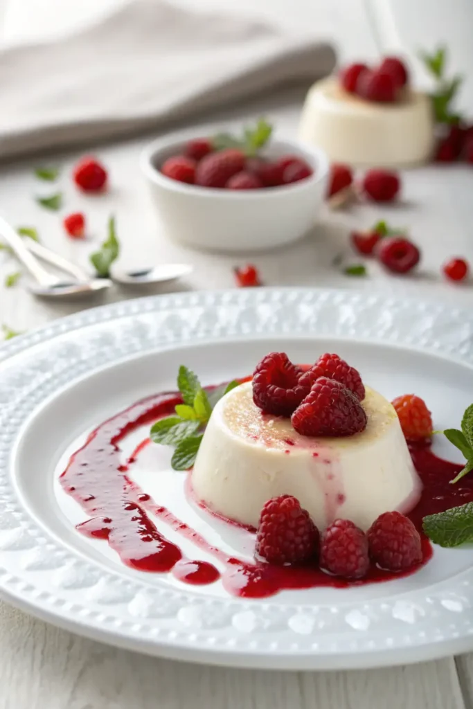Panna cotta vanille et coulis de framboise