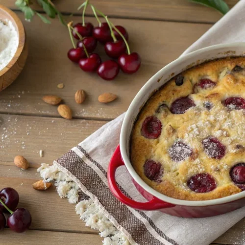 A beautiful healthy low-glycemic cherry clafoutis in a ceramic baking dish, golden brown surface with fresh cherries visible,