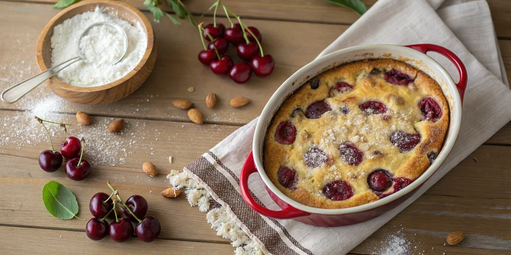 A beautiful healthy low-glycemic cherry clafoutis in a ceramic baking dish, golden brown surface with fresh cherries visible,