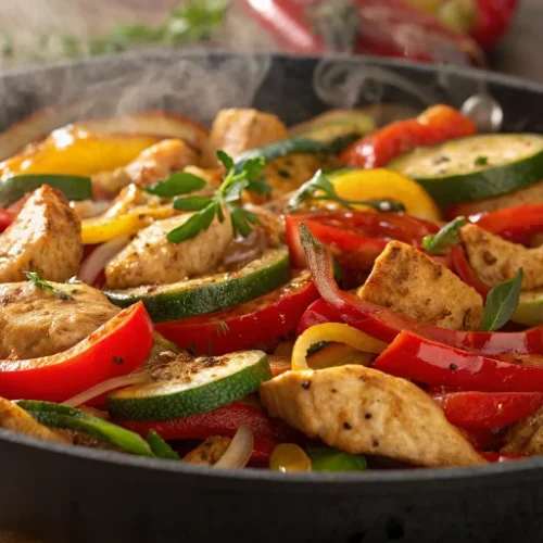 A delicious and colorful stir-fried chicken dinner with vegetables in a large skillet, featuring golden chicken strips, vibra