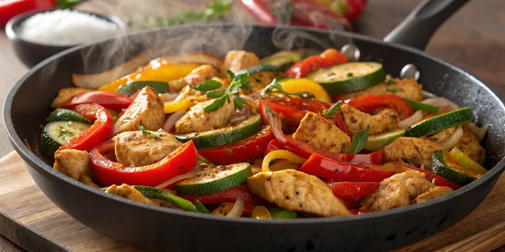 A delicious and colorful stir-fried chicken dinner with vegetables in a large skillet, featuring golden chicken strips, vibra