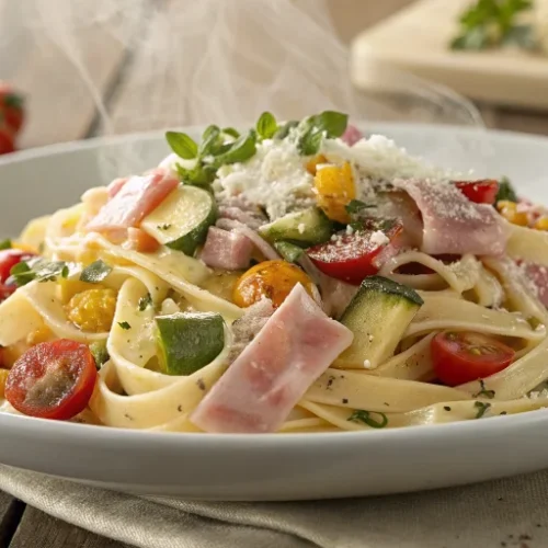 A delicious plate of creamy pasta with diced ham, colorful vegetables including zucchini and cherry tomatoes, garnished with