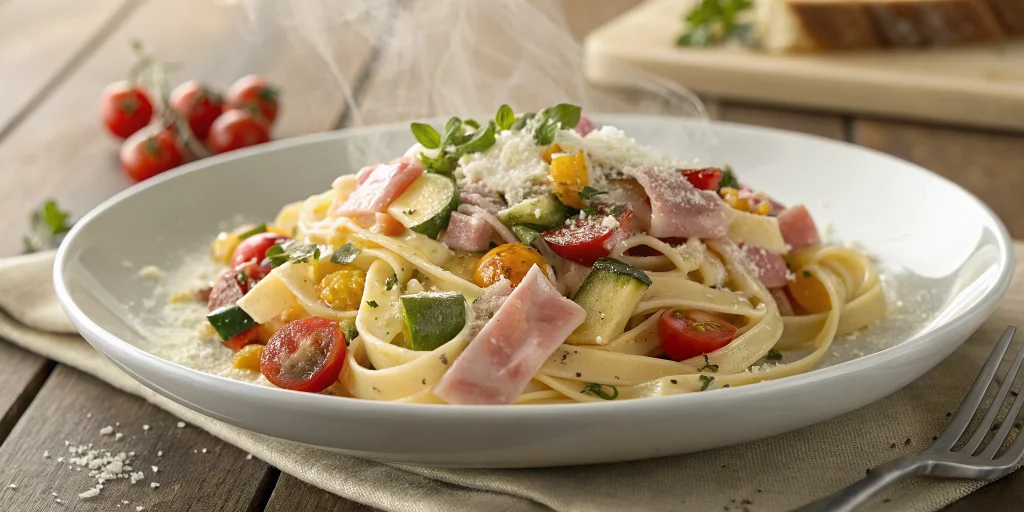 A delicious plate of creamy pasta with diced ham, colorful vegetables including zucchini and cherry tomatoes, garnished with