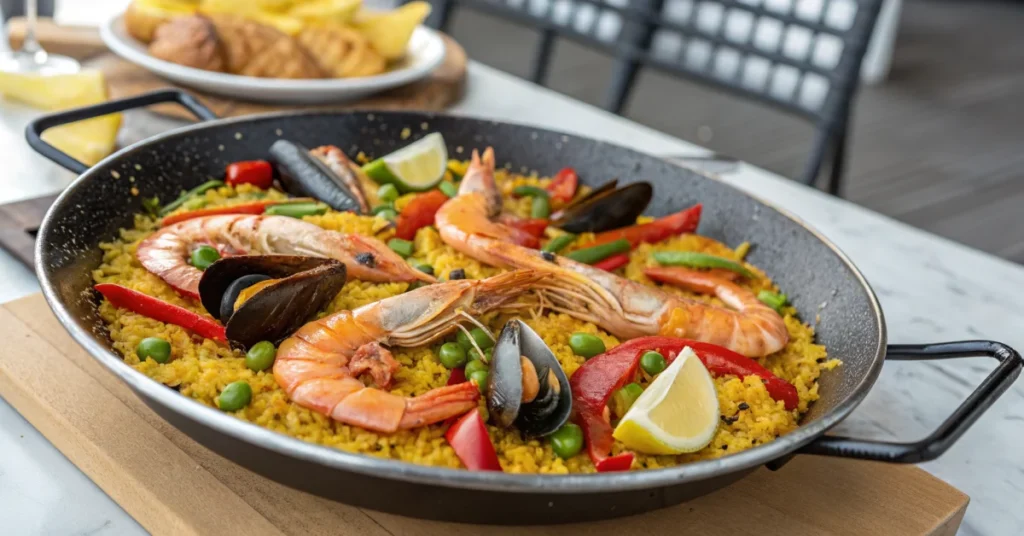 Authentic paella for 20 people in large traditional paellera pan, saffron rice, shrimp, mussels, bell peppers, fresh seafood,