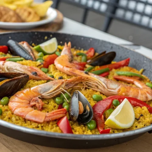 Authentic paella for 20 people in large traditional paellera pan, saffron rice, shrimp, mussels, bell peppers, fresh seafood,