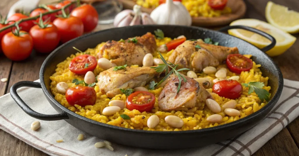 Authentic Spanish paella valenciana landscape shot with saffron rice, chicken, rabbit, white beans, fresh tomatoes, vibrant c