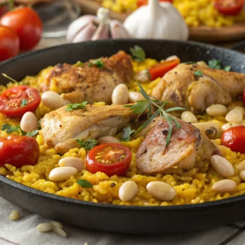 Authentic Spanish paella valenciana landscape shot with saffron rice, chicken, rabbit, white beans, fresh tomatoes, vibrant c