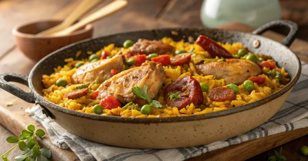 Authentic Spanish paella with chicken and chorizo, golden saffron rice, fresh vegetables, rustic ceramic pan, warm Mediterran