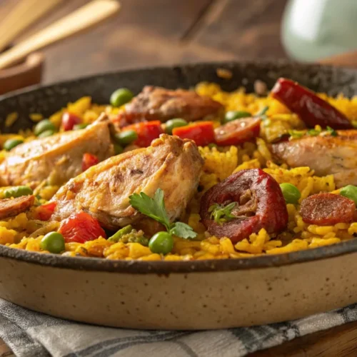 Authentic Spanish paella with chicken and chorizo, golden saffron rice, fresh vegetables, rustic ceramic pan, warm Mediterran
