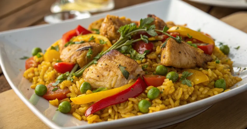 Authentic Spanish paella with golden saffron rice, tender chicken pieces, red and yellow bell peppers, green peas, tomatoes,