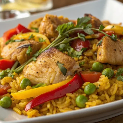 Authentic Spanish paella with golden saffron rice, tender chicken pieces, red and yellow bell peppers, green peas, tomatoes,