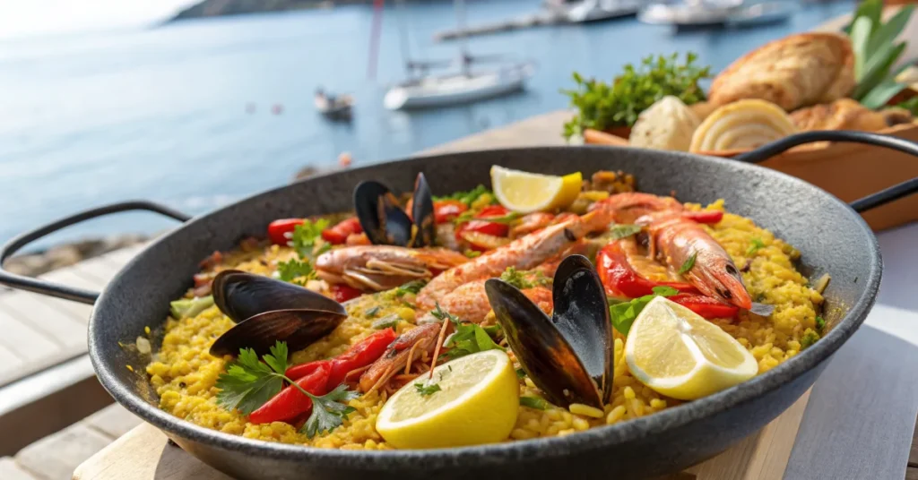 Authentic Spanish paella with saffron rice, fresh mussels, shrimp, and vibrant red peppers in traditional wide pan, garnished