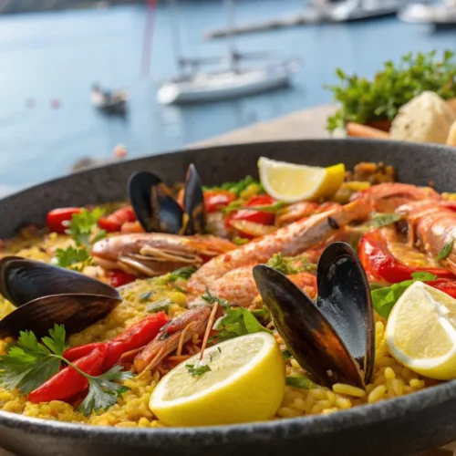 Authentic Spanish paella with saffron rice, fresh mussels, shrimp, and vibrant red peppers in traditional wide pan, garnished