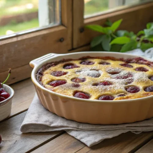Beautiful golden-brown French clafoutis with frozen cherries in a ceramic baking dish, placed on a rustic wooden table with s