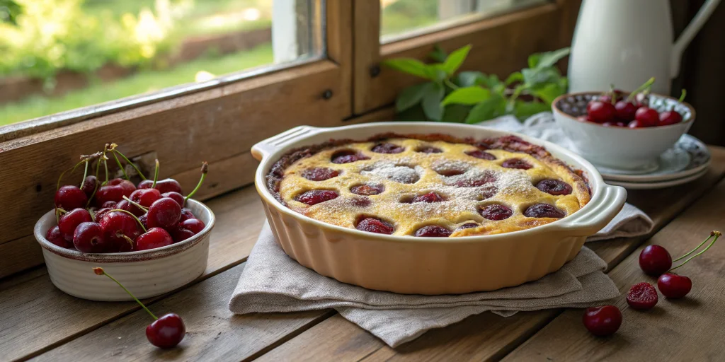 Beautiful golden-brown French clafoutis with frozen cherries in a ceramic baking dish, placed on a rustic wooden table with s