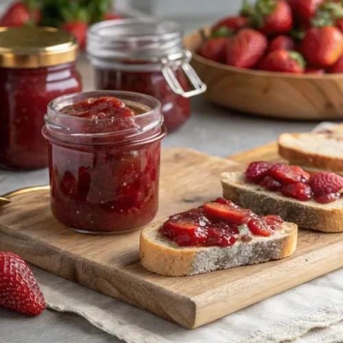 Beautiful homemade strawberry jam made from frozen strawberries, in elegant glass jars with golden lids, some jam spread on r