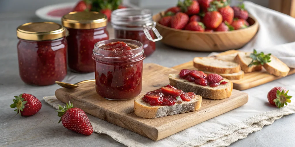 Beautiful homemade strawberry jam made from frozen strawberries, in elegant glass jars with golden lids, some jam spread on r
