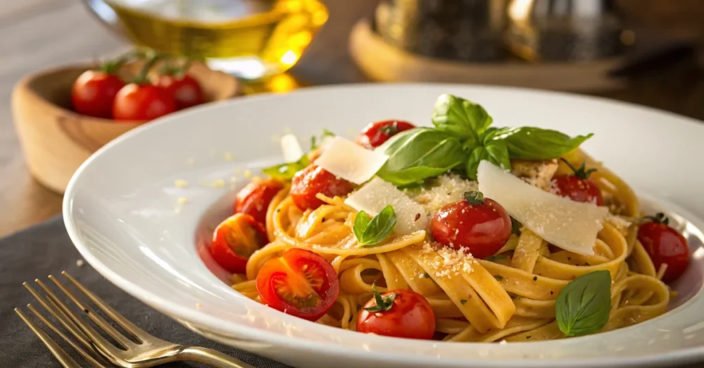 Beautiful Italian pasta dish with cherry tomatoes, fresh basil, and parmesan cheese, vibrant colors, professional food photog