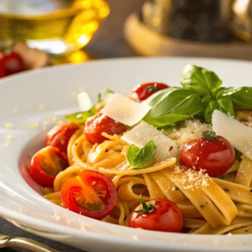 Beautiful Italian pasta dish with cherry tomatoes, fresh basil, and parmesan cheese, vibrant colors, professional food photog