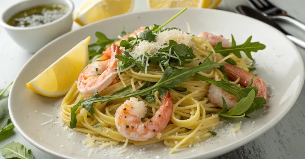 Beautiful Italian pasta with pink shrimp and fresh rocket leaves, olive oil drizzle, lemon wedges, Parmesan cheese, Mediterra