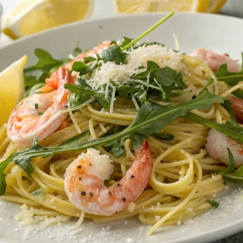 Beautiful Italian pasta with pink shrimp and fresh rocket leaves, olive oil drizzle, lemon wedges, Parmesan cheese, Mediterra