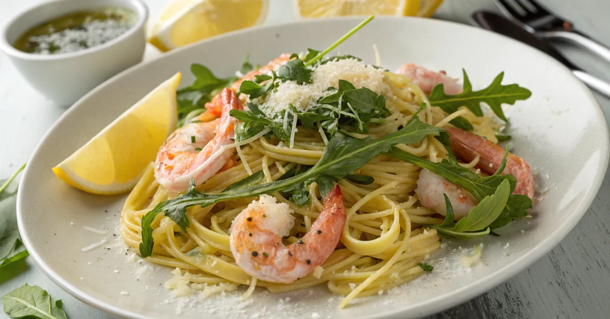 Beautiful Italian pasta with pink shrimp and fresh rocket leaves, olive oil drizzle, lemon wedges, Parmesan cheese, Mediterra