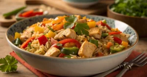 Beautiful landscape shot of a colorful rice stir-fry dinner with diced chicken, carrots, bell peppers, and fresh parsley garn