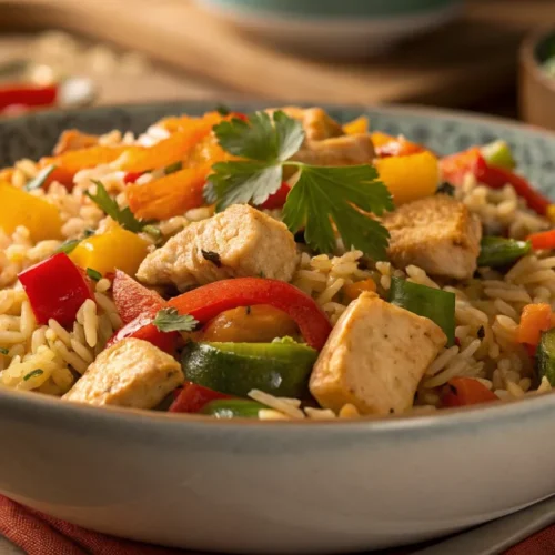 Beautiful landscape shot of a colorful rice stir-fry dinner with diced chicken, carrots, bell peppers, and fresh parsley garn