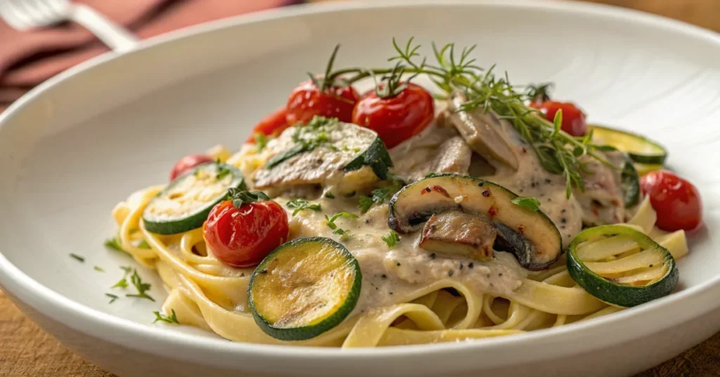 Beautiful pasta dish with creamy mushroom sauce, grilled zucchini, cherry tomatoes, fresh herbs, served on white plate, warm