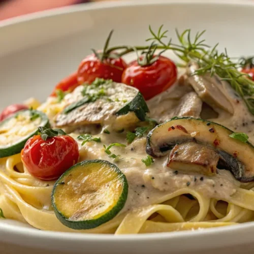 Beautiful pasta dish with creamy mushroom sauce, grilled zucchini, cherry tomatoes, fresh herbs, served on white plate, warm