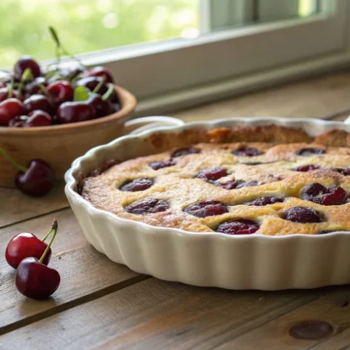 Beautiful rustic French clafoutis aux cerises in a ceramic baking dish, golden brown surface with dark red cherries visible,