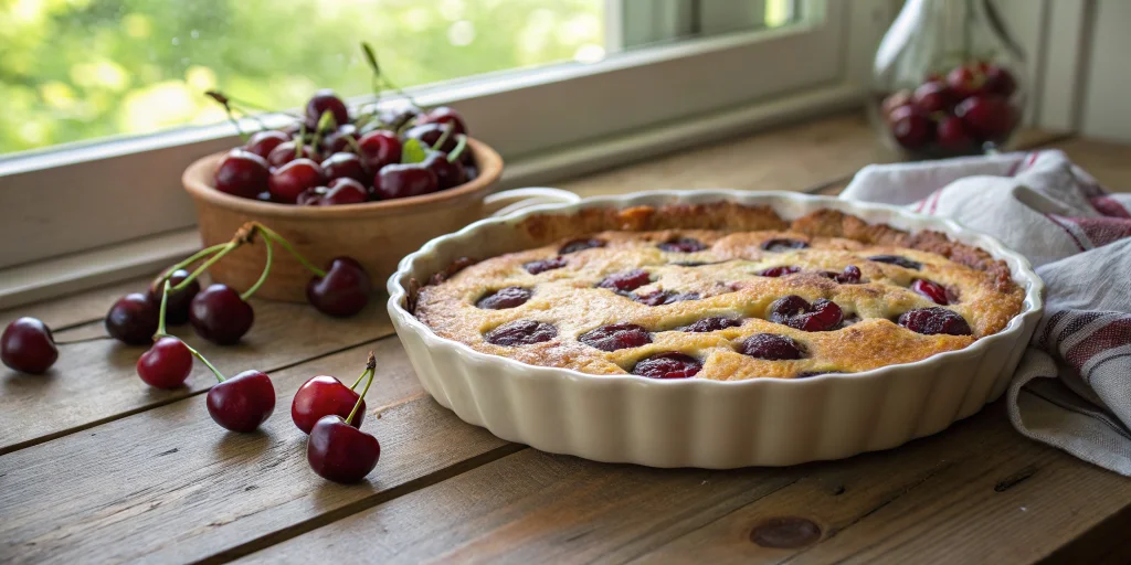 Beautiful rustic French clafoutis aux cerises in a ceramic baking dish, golden brown surface with dark red cherries visible,