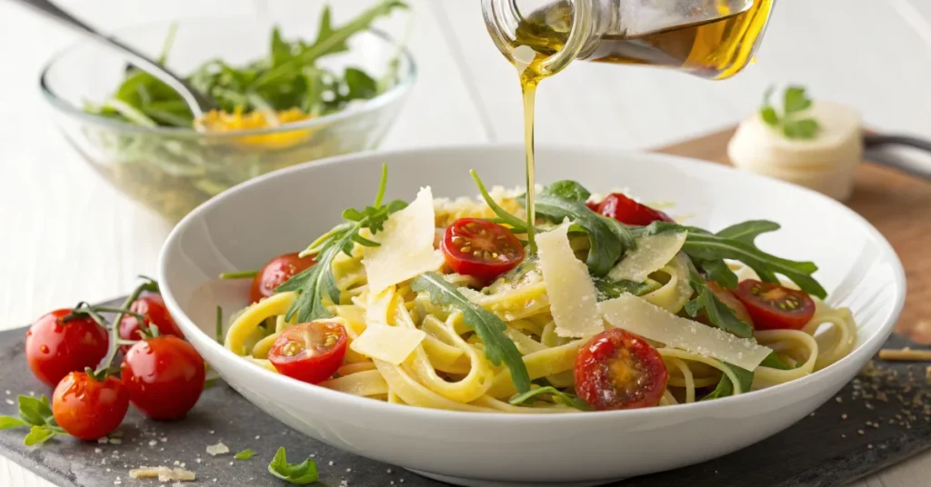 Bowl of fresh pasta with cherry tomatoes, arugula and parmesan cheese drizzled with olive oil, appetizing Italian dish, profe