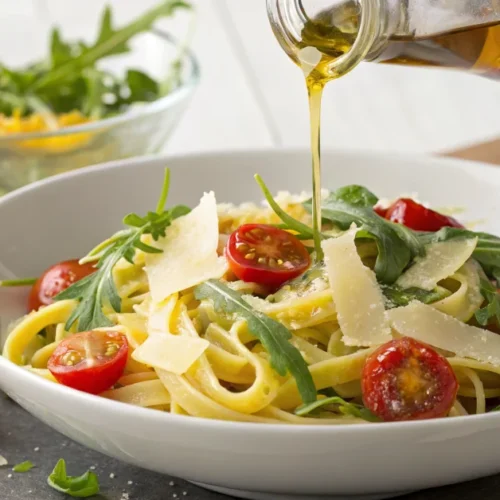 Bowl of fresh pasta with cherry tomatoes, arugula and parmesan cheese drizzled with olive oil, appetizing Italian dish, profe