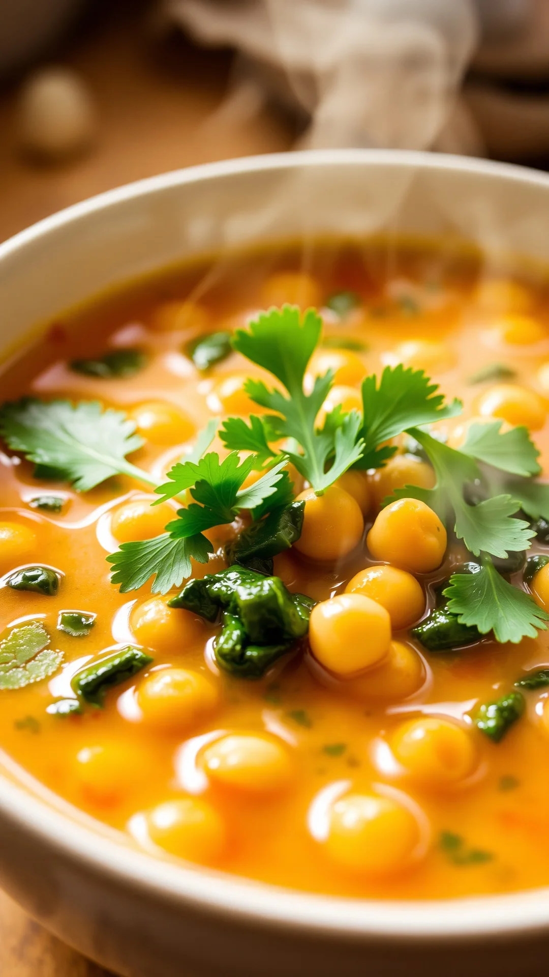 Bowl of vegetable soup with chickpeas and spinach, creamy broth, fresh parsley, warm bowl, steam rising, cozy kitchen lightin