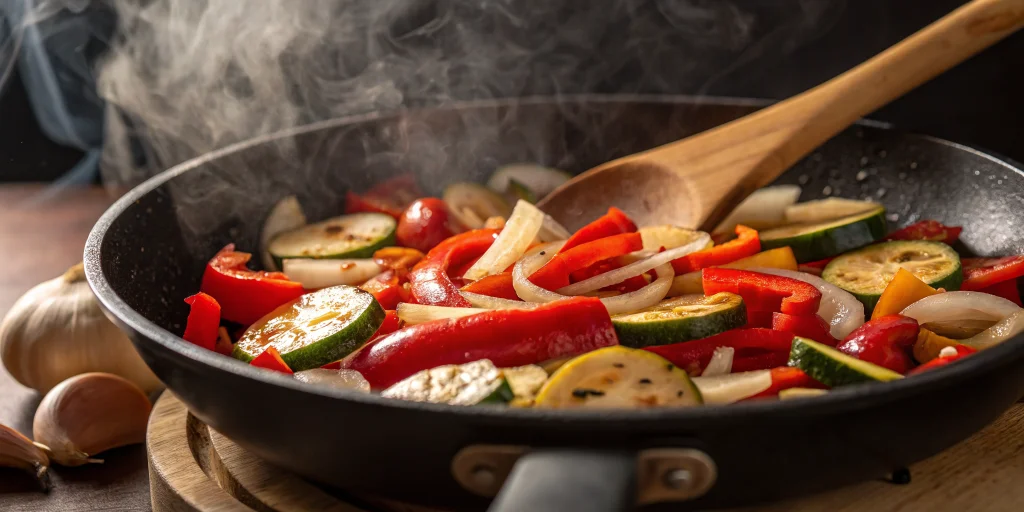 Close-up action shot of vegetables being stir-fried in a hot pan, showing sizzling red bell peppers, zucchini rounds, and oni