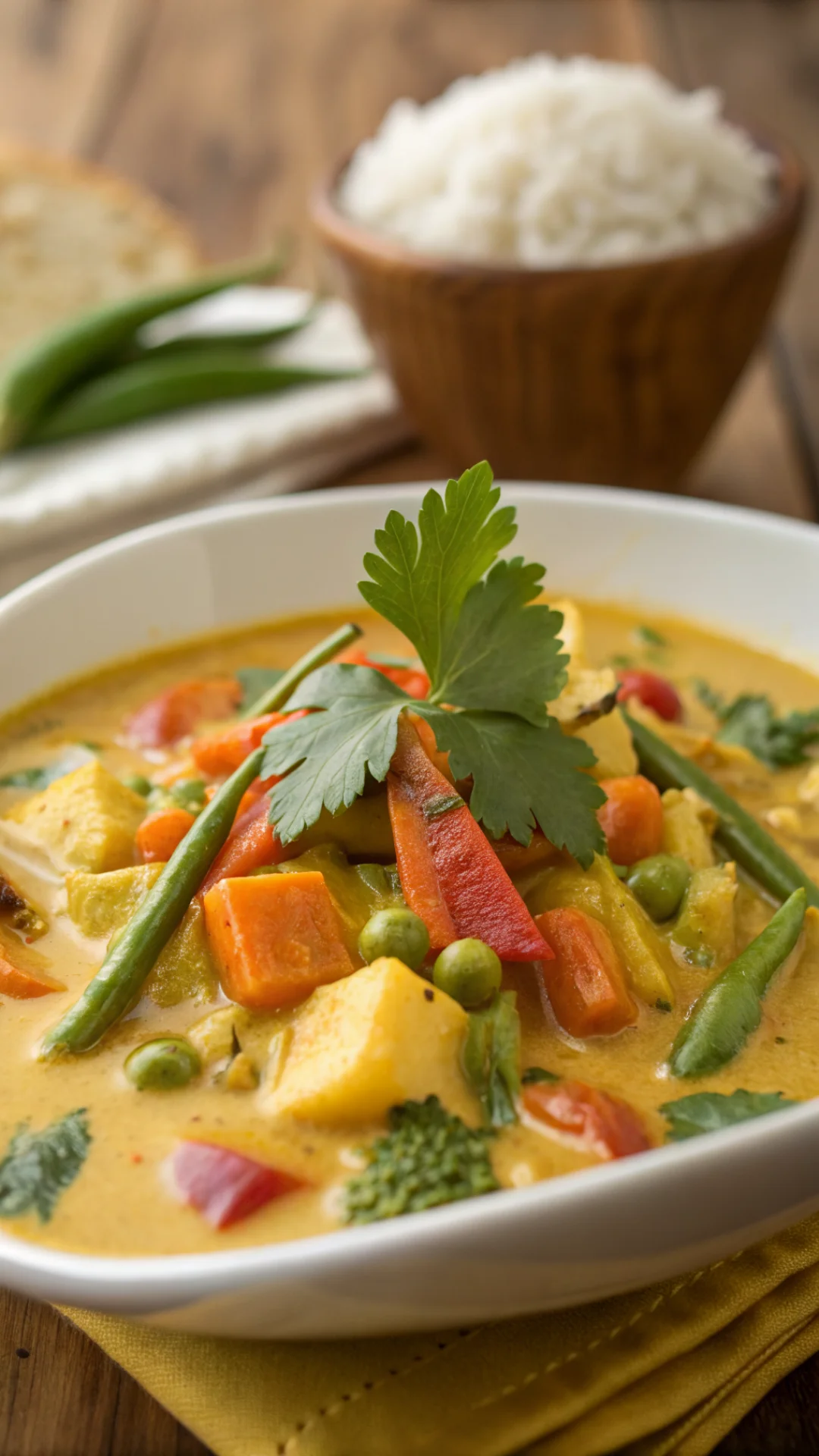 Close-up creamy vegetarian curry with vibrant mixed vegetables, rich golden sauce, fresh coriander leaf, appetizing detail sh