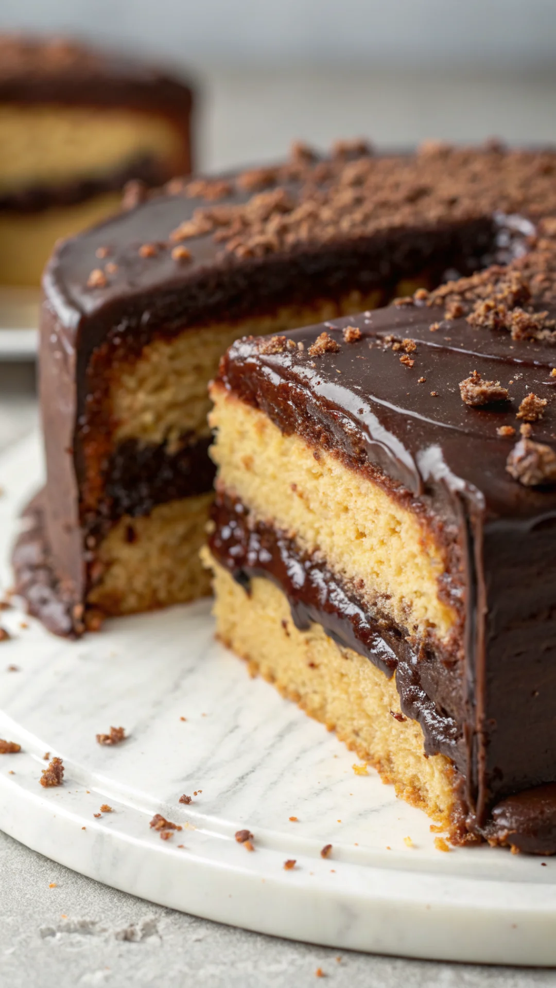 Close-up cross-section of chocolate sablee cake showing melted chocolate center, rich dark chocolate ganache, crumbly sablee