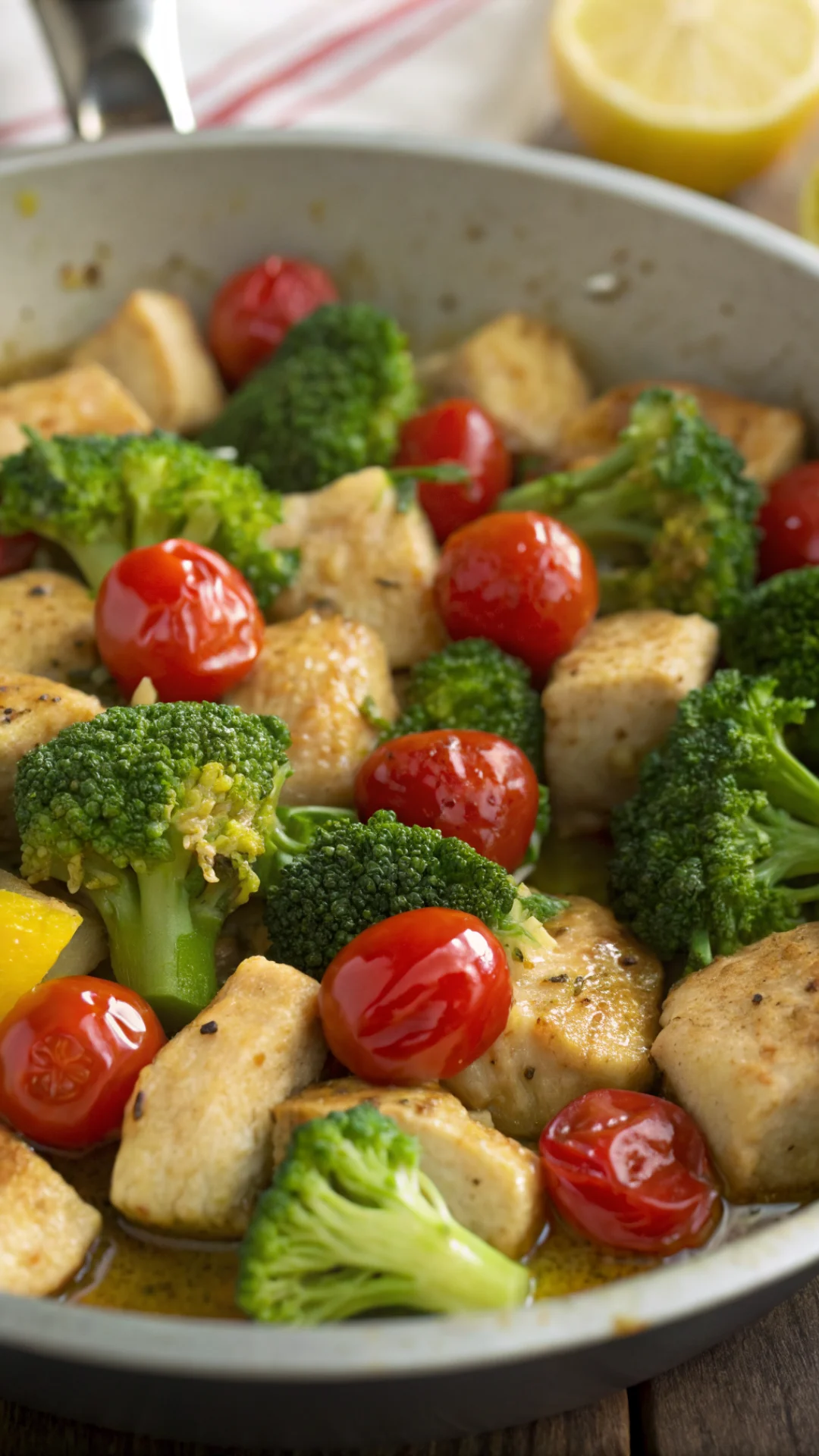 Close-up detail of golden chicken cubes with fresh broccoli florets, juicy cherry tomatoes, glistening with olive oil and lem