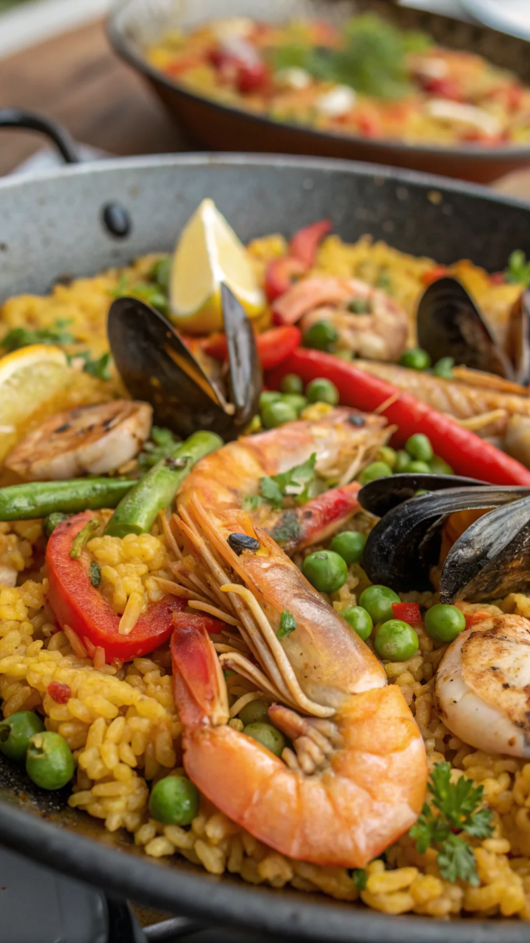 Close-up detail of paella with golden saffron rice, succulent shrimp, open mussels, fresh peas, vibrant peppers, seafood pael