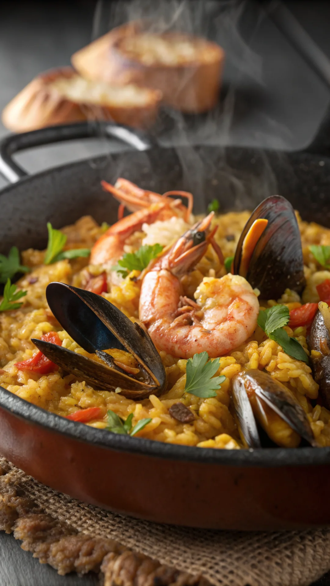 Close-up detail of succulent paella rice with shrimp, mussels, saffron threads glistening, socarrat crust golden brown bottom