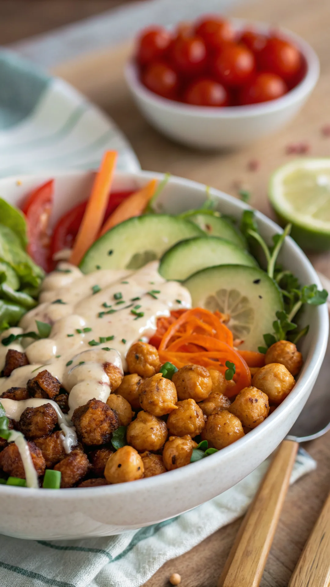 Close-up detail shot of creamy tahini sauce drizzling over roasted chickpeas and fresh vegetables in Buddha bowl, macro photo