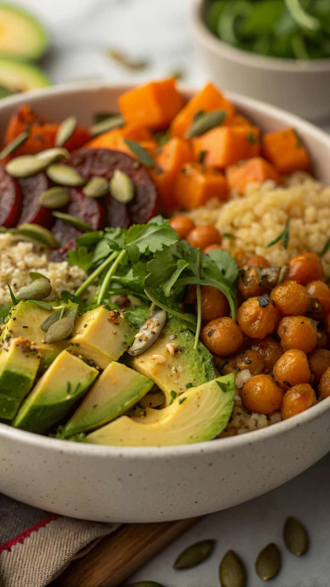 Close-up detailed macro shot of vibrant Buddha bowl with quinoa, roasted vegetables, chickpeas, fresh herbs, creamy avocado,