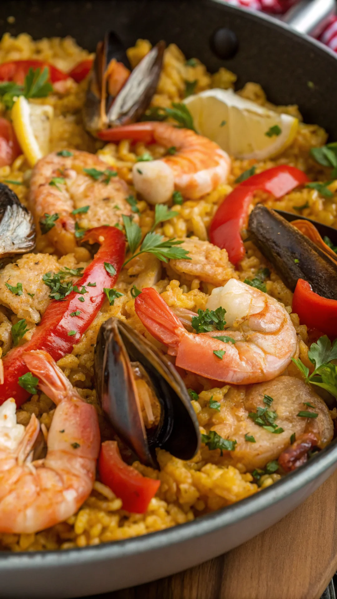 Close-up detailed overhead view of authentic paella with golden saffron rice, open mussels, pink shrimp, tender chicken piece