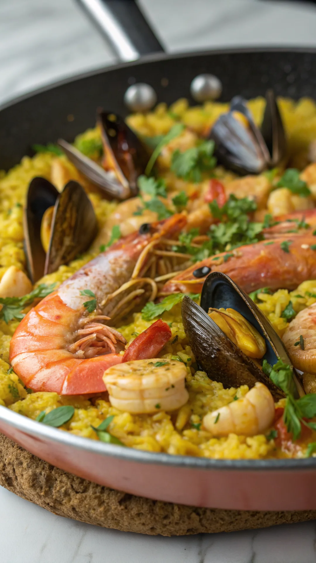 Close-up detailed view of steaming saffron rice paella with glistening mussels, succulent shrimp, vibrant yellow grains, arom