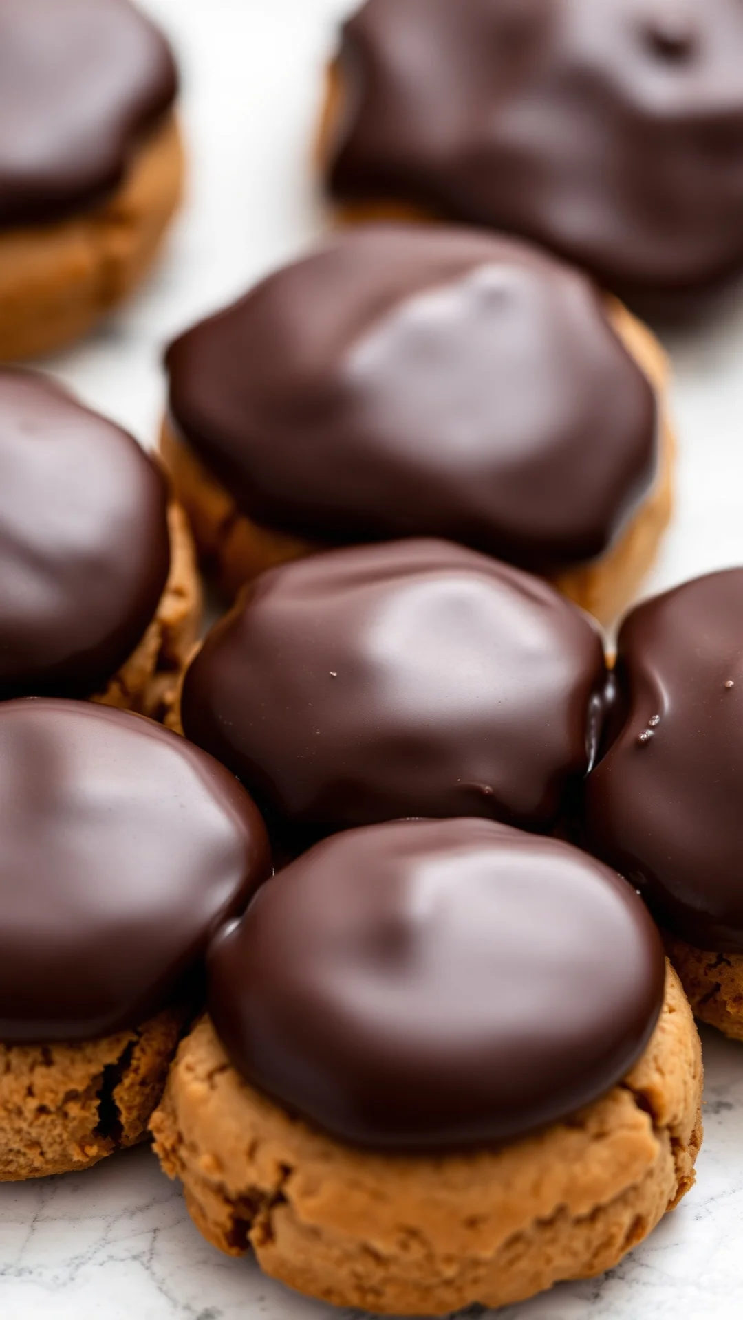 Close-up food photography dark chocolate shortbread cookie with glossy ganache topping, crumbly texture, professional styling
