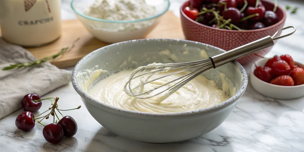 Close-up food photography showing the process of making clafoutis batter, mixing bowl with creamy white cottage cheese mixtur